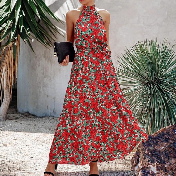 PRETTYGARDEN Women's Halter Floral Long Maxi Dress Ruffle Sundress with Belt - Picture 3 of 7
